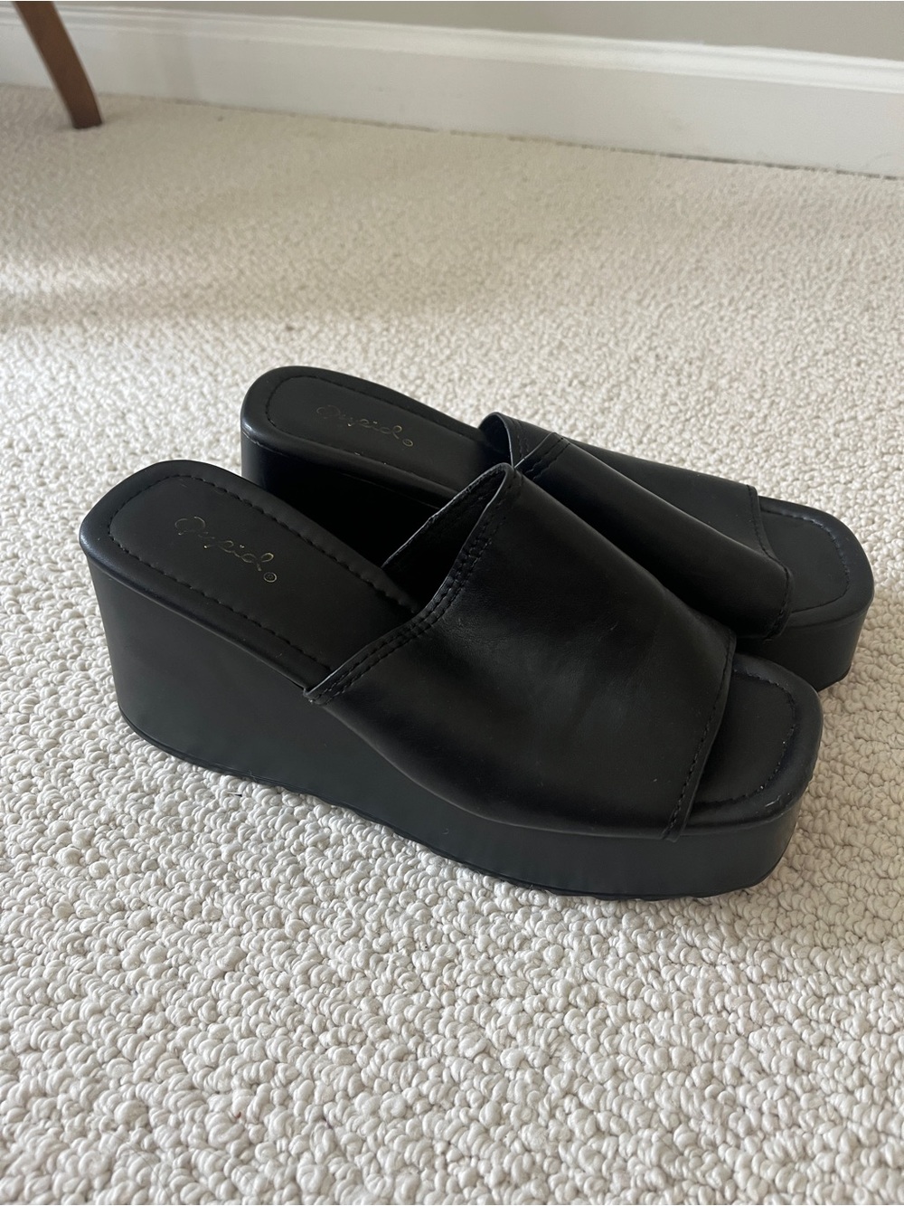Chunky Super Platform Faux Black Leather Sandal Wedge Slip On